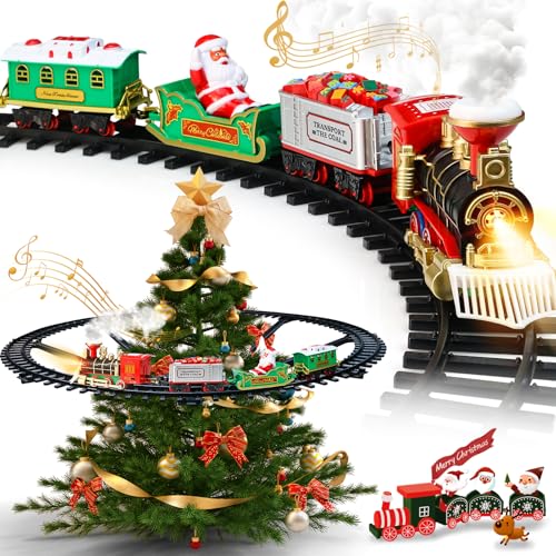 Christmas Train Set - Hanging Train Toys Around Under The Christmas Tree w/Smoke Whistle (Turn on/Off) & Lights Toys Decoration for 3 4 5 6 7 8+ Boys Girls
