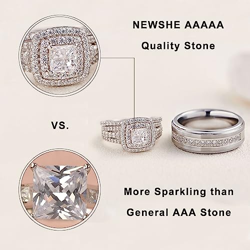 Newshe Jewellery Wedding Rings Set for Him and Her Women Mens Tungsten Bands AAAAA Cz Princess Cross 2.3Ct 925 Sterling Silver Size 5-133