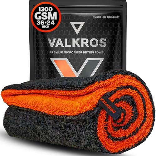 VALKROS X- Large Car Drying Towel, 36x24 Microfiber Towels for Cars, 1300 GSM, 70/30 Blend, Dual-Sided Highly Absorbent Twisted-Loop Edgeless Car Detailing Cloth, Scratch/Streak-Free [Orange/Black]
