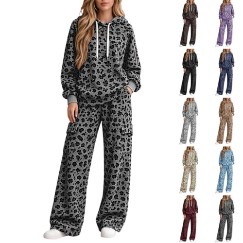 Sweatsuits Women 2 Piece Outfit Leopard Hoodie & Cargo Sweatpants Tracksuit | Travel Sets for Women 2 Piece, Oversized, Cheetah Print, Long Sleeve with Zipper, Wide Leg Hiking Sweat Pants, Winter Outfit - image 1