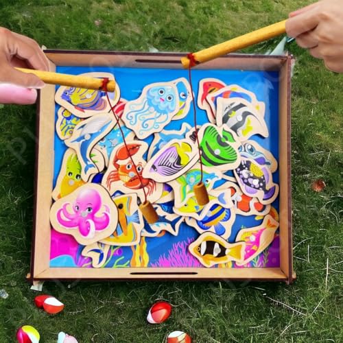 Image of PLUSPOINT Magnetic Wooden Fishing Game Toy for Toddlers, Fish Catching Games of 30 Piece Fishes 2 Sticks 1 Fishing Tray, Preschool Learning Hand and Eye Co-Ordination Educational Toys 3+Yr Kids