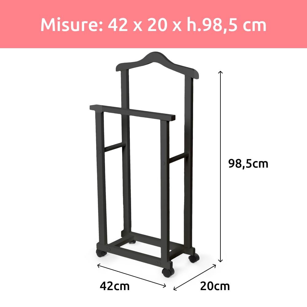 Compactor ALFRED Indossatore Doppio in Bambù, Finitura Nera, con 4 Ruote Piroettanti, Gruccia e Barra Portapantaloni, Appendiabiti da Camera, 42 × 20 × H98,5 cm