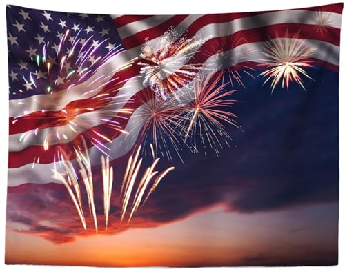 Loccor American Flag Fireworks Tapestry 4th of July Patriotic Sunset