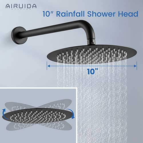 Airuida Round Shower System Set With Tub Spout, Wall Mount 3 Function Rain Shower Faucet Set, Matte Black 10 Inches Round Shower Head With 2 Functions Handheld Shower #TOP3