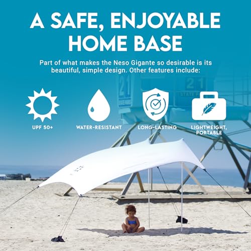 Image of Neso Gigante Portable Beach Tent Sun Shelter - Lightweight Beach Shade Canopy - Easy Setup for Family Outings - Patented Reinforced Corners - UPF 50+ Sun Protection - 8ft Tall, 11 x 11ft - White
