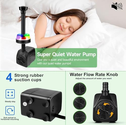 Image of 15W 800L /H Submersible Pond Fountain Pump with LED Lights, Adjustable Quiet Water Pump, Pond Fountain Pumps for Water Feature, Garden, Aquarium Fish Tank with 3 Type Nozzles