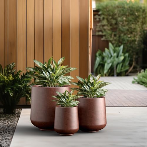Image of Kante Set of 3 Rusty Concrete Curved Planters 16.5 inch 13 inch 9.4 inch Dia | Drainage for Outdoor, Rubber Plug for Indoor Home, All-Weather Cement Pot, Handcraft, Lightweight & Durable, Anti-UV, Round