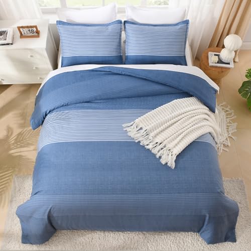 Litanika Comforter Set California King Size Sapphire Blue - 3 Pieces Lightweight Sapphire Blue White Colorblock Stripe Fluffy Bedding Comforter Sets, All Season Bed Set