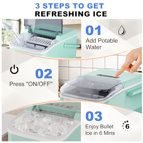 Image of NEWBULIG Ice Makers Countertop with Handle, Portable Ice Machine, 9 Bullet Ice Cubes in 6 Mins, 26lbs in 24Hrs, Auto-Cleaning, with Basket and Scoop, for Home, Kitchen, RV, Camping, Green