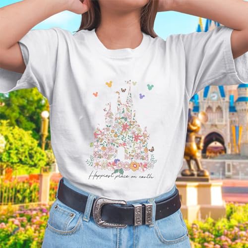 Bobeutou Magic Kingdom Shirts for Women Floral Castle Graphic T Shirt Flower Holiday Vacation Shirt Funny Cute Tee Tops4