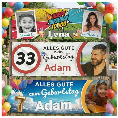 XXL Geburtstagsbanner Personalisiert mit Foto Text | Für 1-99 Jahre Alle Altersgruppen | Premium HD-Druck Wasserfest | Große Geburtstagsdeko Innen Außen | Metallösen Wiederverwendbar | PRINT.GG