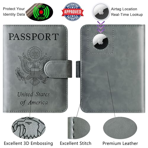 Image of Airtag Passport Holder Cover Wallet Travel Essentials Leather Rfid Blocking Case Vacation Luggage Must Haves Travel Accessories for Men Women (117#Grey)