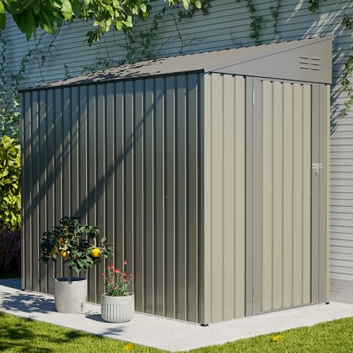 Image of YOPTO 4x7 FT Outdoor Storage Shed Lean to Shed,Metal Shed W /Lockable Door & Air Vent,All Weather Waterproof Garden Tool House W /Reversible Installation,for Backyard,Patio,Lawn,Olive Gray