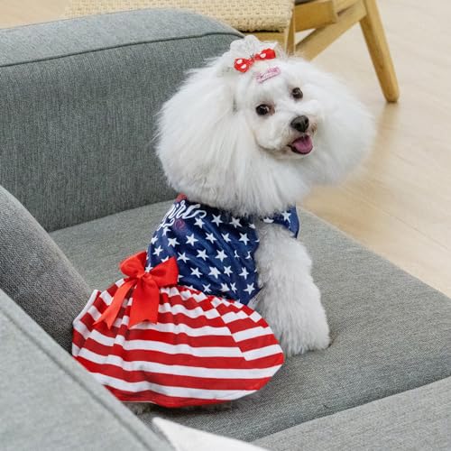 Image of CuteBone Dog Dresses Velvet 4th of July Small Dogs Clothes Onesie Pet Apparel Girl Puppy Skirt with Bow Hair Rope