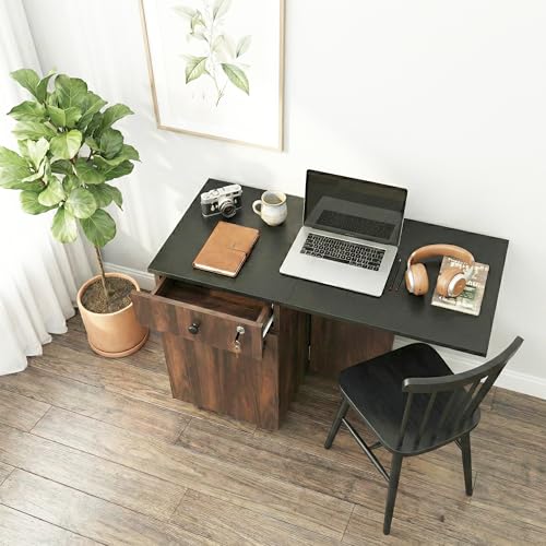 Image of Klaxon Foldable Study Table with Drawer & Storage Shelf | Compact Desk for Home & Students | Folding Design with Lockable Wheels. (Black, DIY Installation) (Aw & Black, Kora)