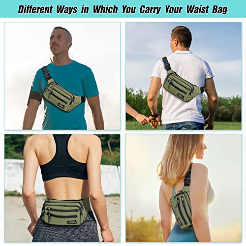Sarsumir-Bum-Bag-Waist-Fanny-Pack-for-Men-Women-Bumbag-Money-Belt-Bag-with-6-Pockets-Adjustable-Strap-Waterproof-Tear-Resistant-Bum-Bags-for-Travel-Hiking-Running-Cycling-Gym-Dog-Walking-Green