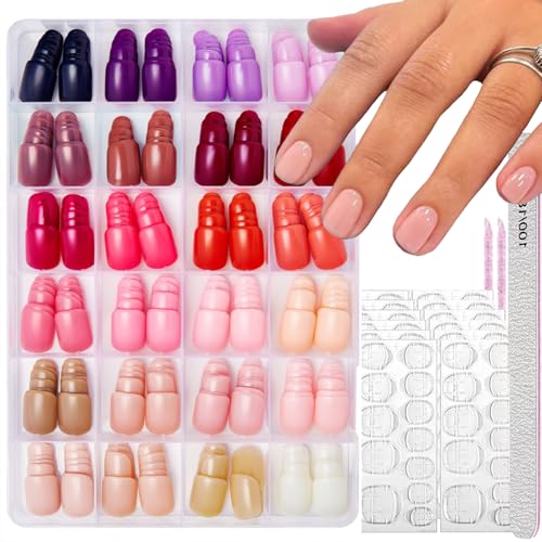 Image of 576Pcs Short Square Press on Nails Solid Color Fake Nails 24 color Wine Red Pink Nude Glossy Full Cover Stick on Nails for Women Manicure