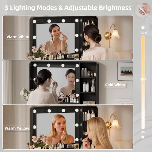 Image of 39.3 inch Makeup Vanity Desk with Charging Station, Black Makeup Dressing Table with Mirror & Lights, 3 Lighting Modes Adjustable Brightness, Vanity Table with Power Outlet & 5 Drawers Curved Design