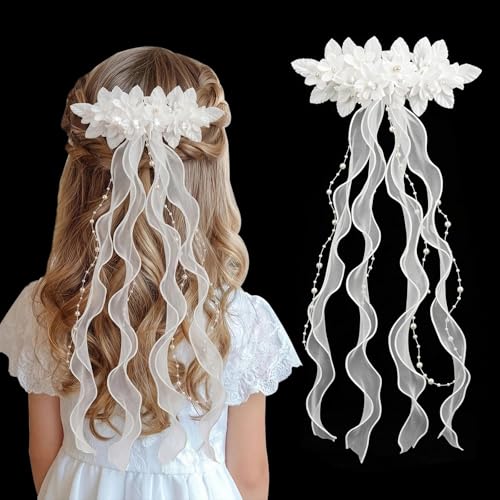 Kommunion Haarschmuck Mädchen Weißer Haarkamm mit Blüten Perlen und Bändern Erstkommunion Haarschmuck für Taufe Hochzeit Blumenmädchen Eleganter Kopfschmuck für Kinder