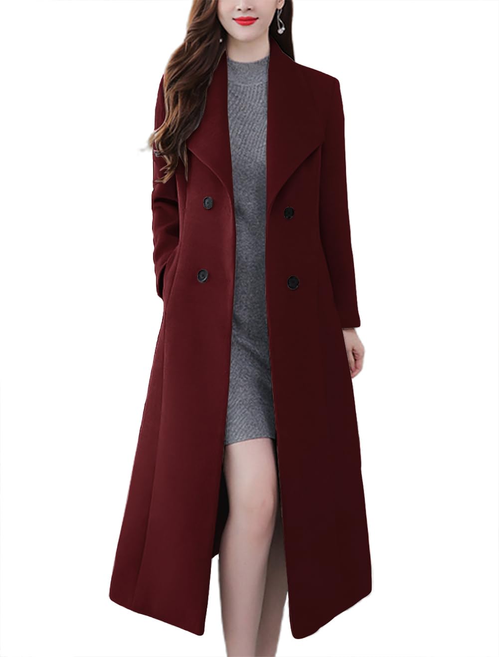 chouyatou Women's Chic Shawl Collar Work Double Breasted Maxi Long Wool Pea Coat