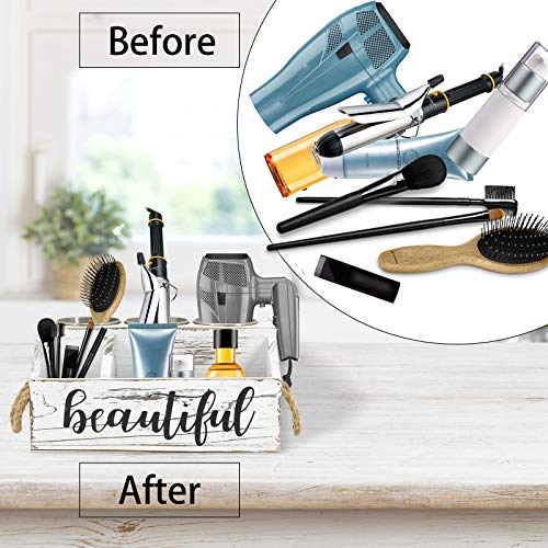 Rustic Wood Hair Dryer Holder, Hair Styling Product Care Tool Organizer, Bathroom Countertop & Vanity Caddy Storage Stand for Blow Dryer Straightener Curling Iron with 3 Stainless Steel Buckets White - Thumbnail 2