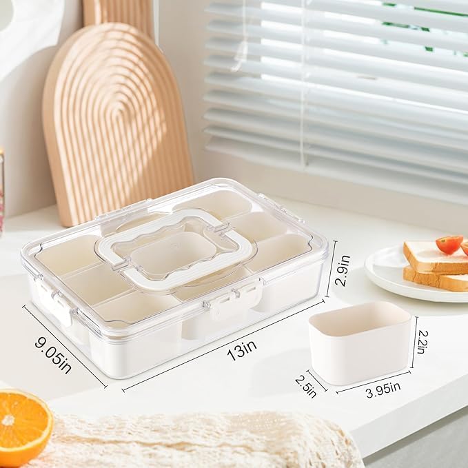 Image of Divided Fridge Storage Boxes With Serving Veggie Tray with Lid and Handle, Fridge Organizer with Removable Compartment, Fridge Storage Containers (9 Compartment-1PCS)