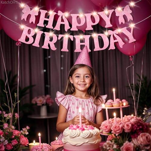 Image of KatchOn, Pink Bow Happy Birthday Banner with Lights, Pre-Strung - 10 Feet | Happy Birthday Decorations for Women, Kids | Glitter Pink Bow Party Decorations | Happy Birthday Backdrop