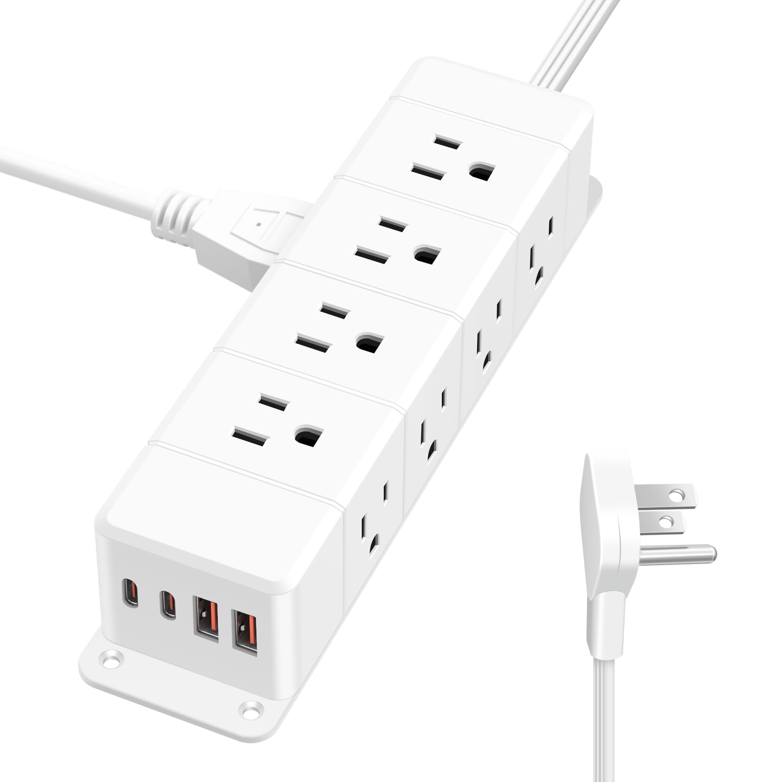 45W USB-C Fast Charging Under Desk Power Strip,12 Outlet Mountable Power Strip with 4 USB,1200J Surge Protection,6FT Flat Extension Cord