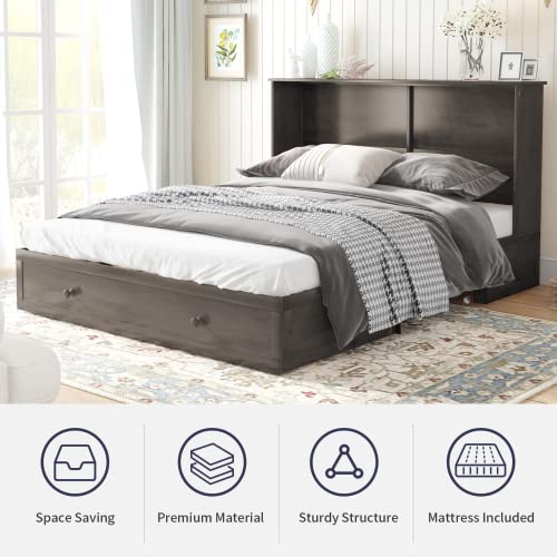 Zafly Queen Size Murphy Cabinet Bed With Folding Foam Mattress,Super Space-Saving Murphy Bed Queen With Large Drawers,Murphy Bed Chest Queen Size With Usb Charging Station(Stone Grey) #TOP1