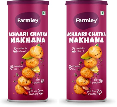 Image of Farmley Roasted and Flavoured Makhana | Achaari Chatka Makhana | Namkeen Snacks & Puffed Snacks | Healthy Snack | Cholesterol & Gluten Free | Rich In Protein & Fiber | Roasted in Olive Oil - 77g Jar