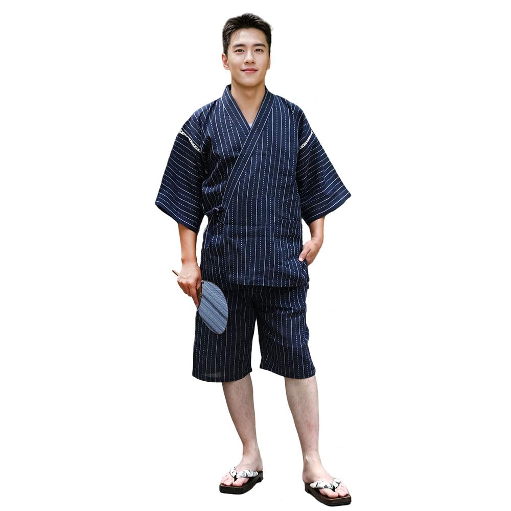 HOHO AYUMU Men's Jinbei Cotton Shijira Weave Summer Kimono Loungewear L