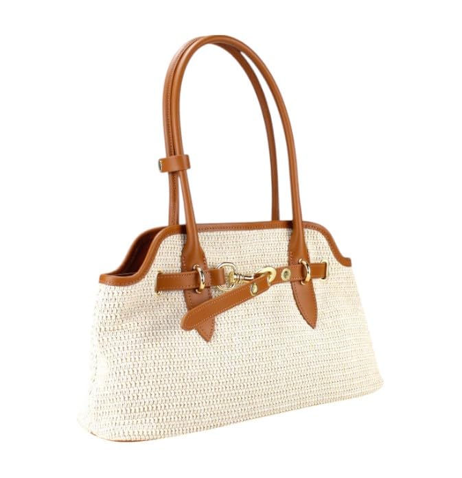 Donna Borsa a Spalla in vera Pelle e Rafia Modello RODI 38x20x11 Made in Italy