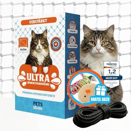 Petslovers, Katzennetz für Balkon Ohne Bohren 4x3m Transparent, Mit Edelstahl Verstäkt, UV-Beständig, Inkl 2 Spielzeugen, kompletter Montagesatz, Katzengitter Fenster, Katzennetz Fenster, Schutznetz
