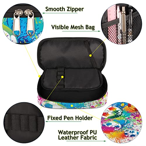 Image of Pardick Watercolor Football Big Capacity Pencil Pen Case Soccer Large Pencil Pouch with Zipper Compartments Pencil Bag for Boys Girls Adults Student Office School Supplies