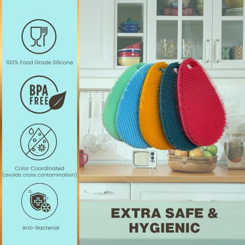 Image of Silicone Sponge Dish Scrubber - Food Grade and Housecleaning - BPA Free Silicone Kitchen Scrubber [5 Pack Ovals Summer]