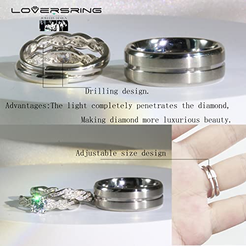 Couple Ring Bridal Set His Hers White Gold Plated CZ Stainless Steel Wedding Ring Band Set3