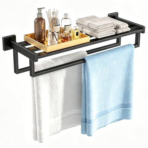 Towel Racks for Bathroom Wall Mounted 24 Inch Double Towel Bar Dual Towel Rack with Shelf Stainless Steel Hand Towel Hanger Bath Towel Holder for Wall Black