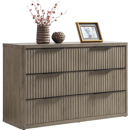 SICOTAS Dresser for Bedroom 6 Drawer Dressers & Chests of Drawers for Closet Long Large Modern TV Stand Set for Clothes Storage Fluted Wide Clothes Closet for Hallway Entryway (Grey Alder, 1 Piece)