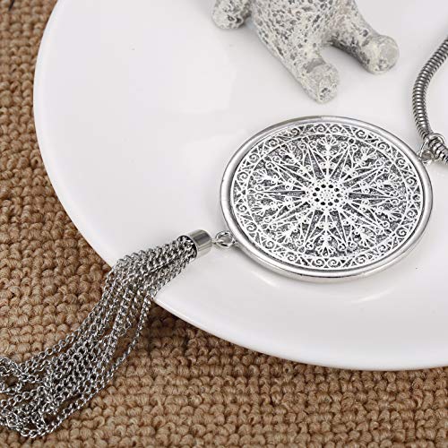 FUNRUN JEWELRY 2PCS Long Pendant Necklaces for Woman Knot Disk Circle Tassel Y Necklaces Set (2PCS Silver Tone)