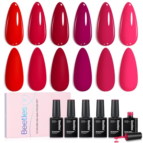 Image of Beetles Red Gel Nail Polish Set - Crimson Horizon 6 Colors Gel Polish Kit Burgundy Bloody Red Pink Colors Soak off UV LED Lamp Needed Manicure DIY Home Gifts for Women