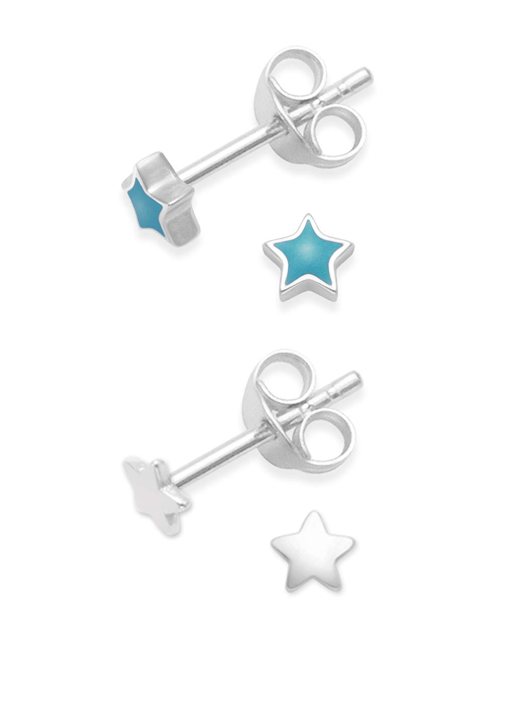 Heather Needham SilverSET OF 2 PAIRS: Heather Needham Sterling Silver Star Earrings - Turquoise colour & plain silver - SIZE: TINY TEENY WEENY! 3mm. Gift Boxed 5572LB/5148