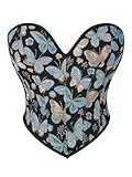 QIAIYALA Blue Butterfly Pattern Corset Top for Women Floral Bustier Lace Up Boned Overbust Lingerie Bodyshaper L