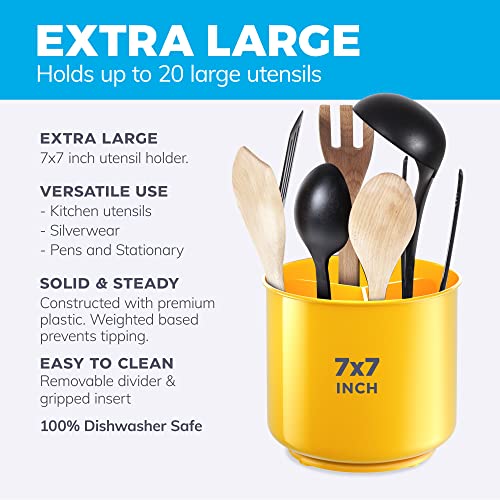 Image of Cooler Kitchen Extra Large Rotating Utensil Holder Caddy with Sturdy No-Tip Weighted Base, Removable Divider, and Gripped Insert: Yellow | Rust Proof Plastic and Dishwasher Safe 7*7 inches