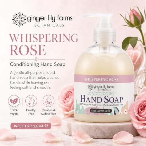 Image of Ginger Lily Farms Botanicals Conditioning Liquid Hand Soap Refill, 100% Vegan & Cruelty-Free, Whispering Rose Scent, 16.9 Fl Oz (Pack of 6)