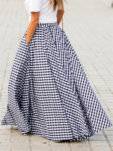 Retro Plaid Long Skirts for Women, Elastic High Waist Plaid Gingham Print Ruffle Flowy a Line Skirts with Pockets4