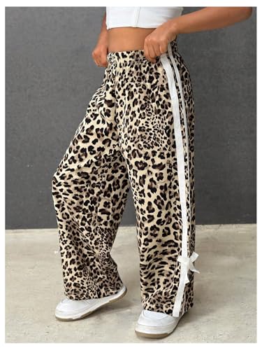 GORGLITTER Girl's Bow Cheetah Leopard Print Joggers Pants Baggy Y2K Wide Leg Elastic Waist Loose Sweatpants Bottoms3