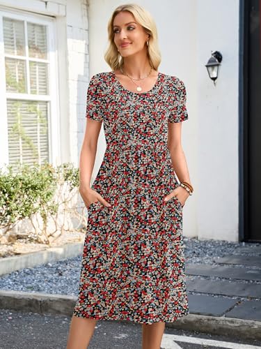 Image of Heymoments Women's Casual Short Sleeve Midi Dress Crewneck A Line Tiered Flowy Loose Travel Long Dresses with Pockets