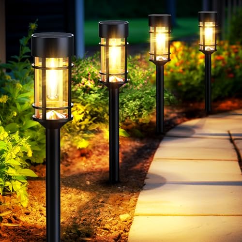 Mancra Solar Pathway Lights, 8 Pack LED Solar Lights Outdoor Waterproof, Glass Metal Garden Lighting for Yard Path Landscape Lawn Walkway Driveway, 3000K