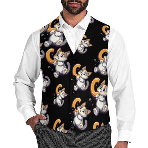 Cat And C Letter Mens Suit Vests V-Neck Casual Vest Dress Formal Tuxedo Wedding Waistcoat