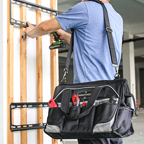 Image of HAUTMEC 16 inch 47-Pockets Tool Bag, Heavy-Duty 1680D Wide Mouth Tool Organizer with Reinforced Hard Base, Padded Shoulder Strap - HT0183